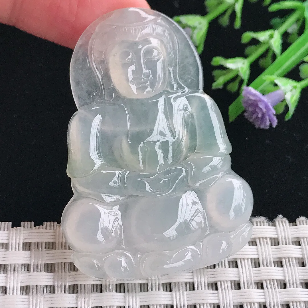 实拍A货翡翠49/35.2/5老坑冰种起胶正装观音吊坠翡翠挂件