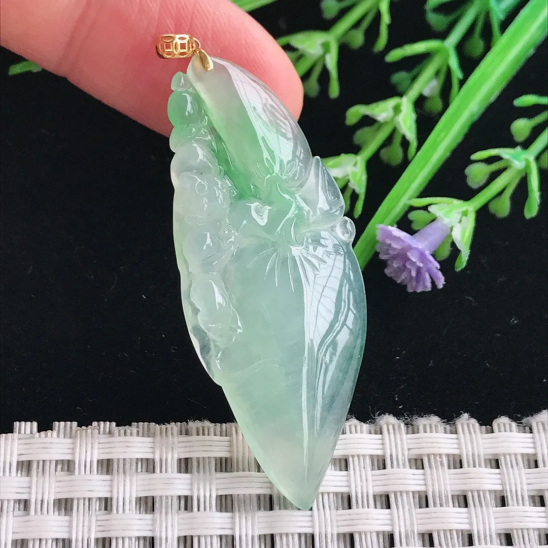 实拍A货翡翠48.5/19.5/4.5老坑18k金镶嵌冰胶阳绿寿桃吊坠翡翠桃子挂件