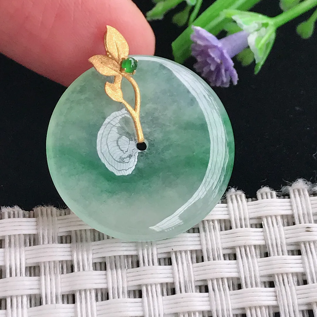 实拍A货翡翠24.4/3.8老坑18k金镶嵌冰晴平安扣吊坠正装翡翠玉扣挂件