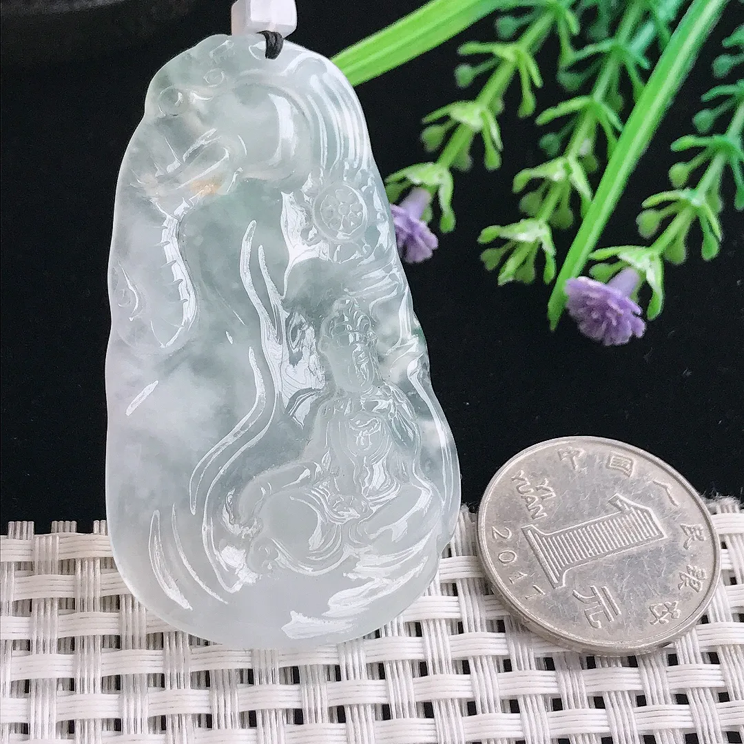实拍A货翡翠58/34.5/5.7老坑冰种起胶白冰普贤菩萨吊坠翡翠挂件