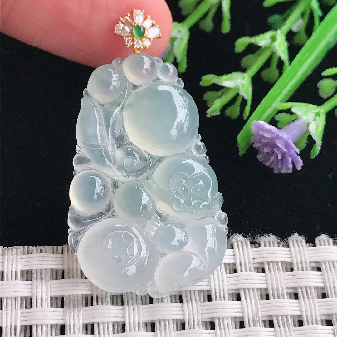 实拍A货翡翠34.5/23/5老坑18k金镶嵌冰种灵猴献寿吊坠翡翠猴子挂件