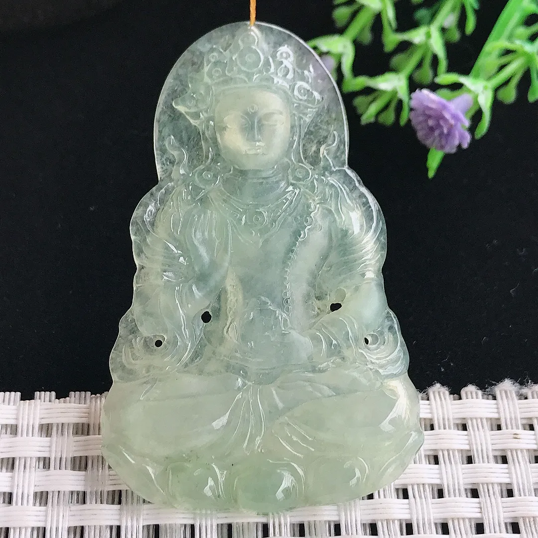 实拍A货翡翠58/36.8/5老坑冰胶果冻冰晴绿渡母菩萨吊坠翡翠挂件