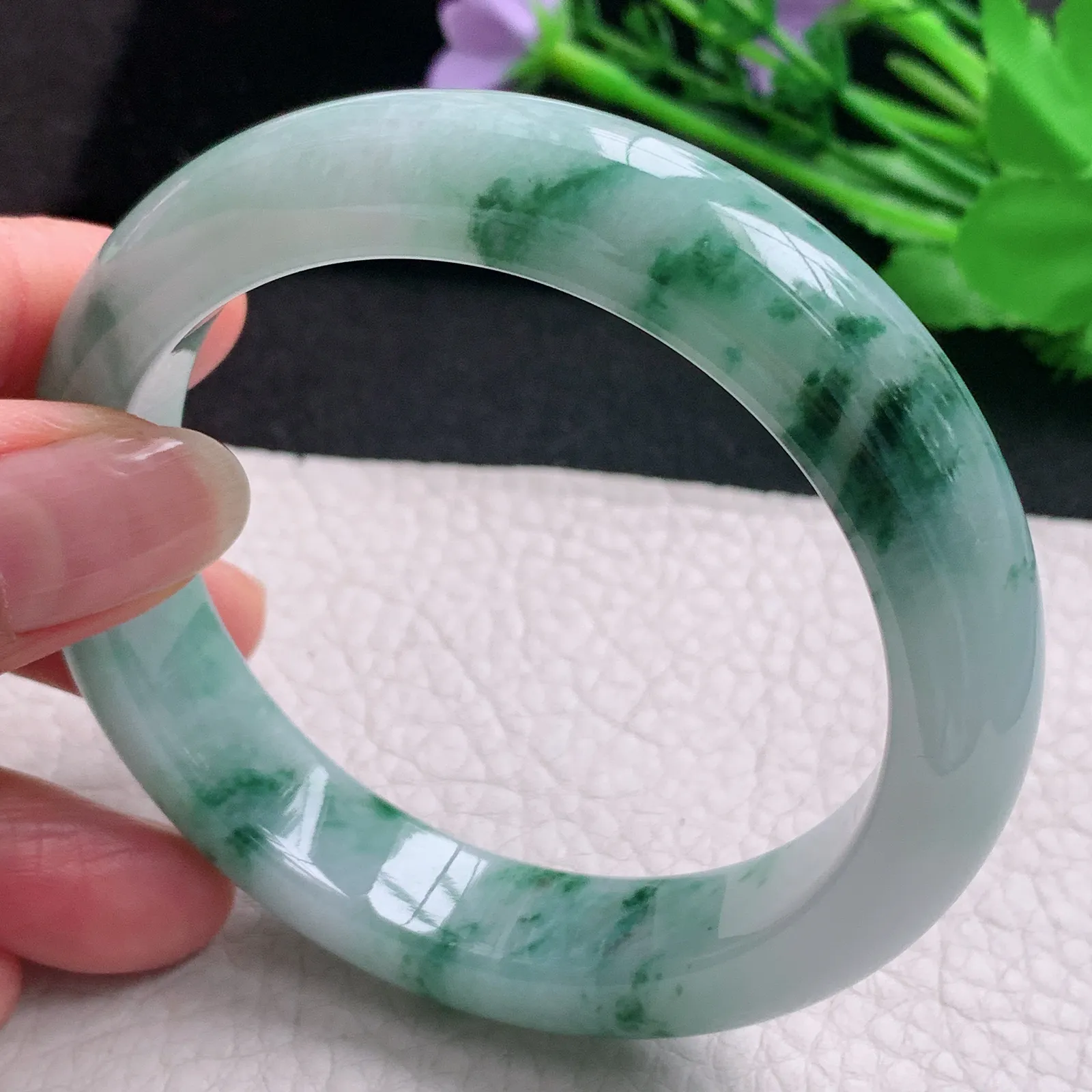 hh实拍57.5*13.8*8.8平安镯 天然缅甸翡翠A货玉手镯冰飘花宽边玉手环