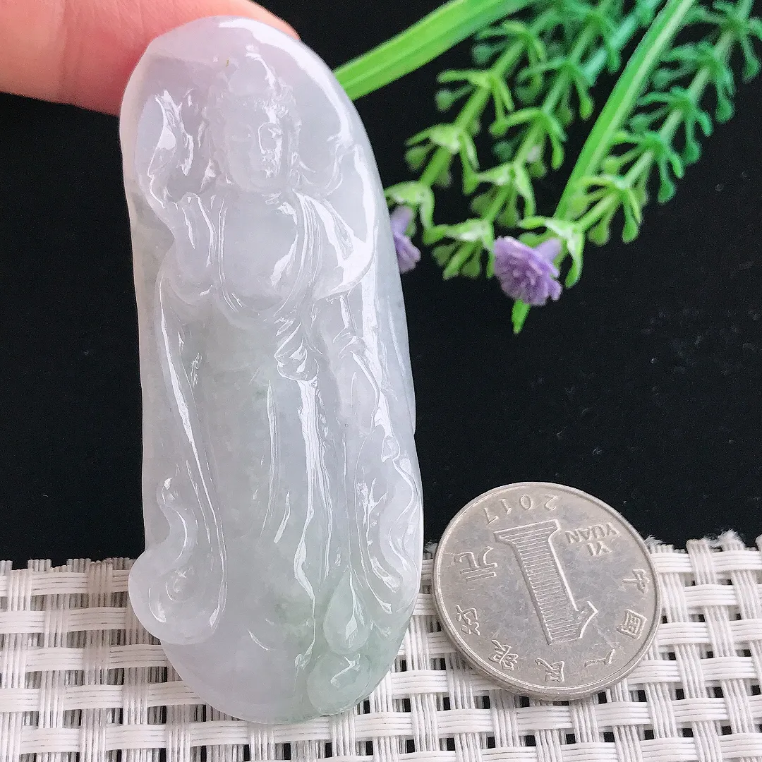 实拍A货翡翠73.5/27.5/10.8老坑冰润赐福观音吊坠翡翠站观音挂件