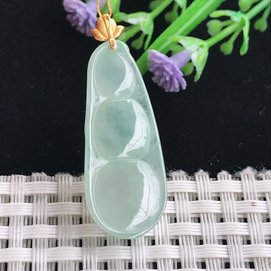 实拍A货翡翠33.3/14.2/7.2老坑18k金镶嵌冰晴四季豆吊坠翡翠福豆挂件