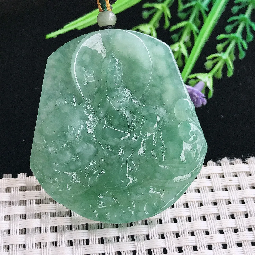 实拍A货翡翠51.6/48.8/6.6老坑冰胶冰晴满绿文殊菩萨吊坠翡翠挂件