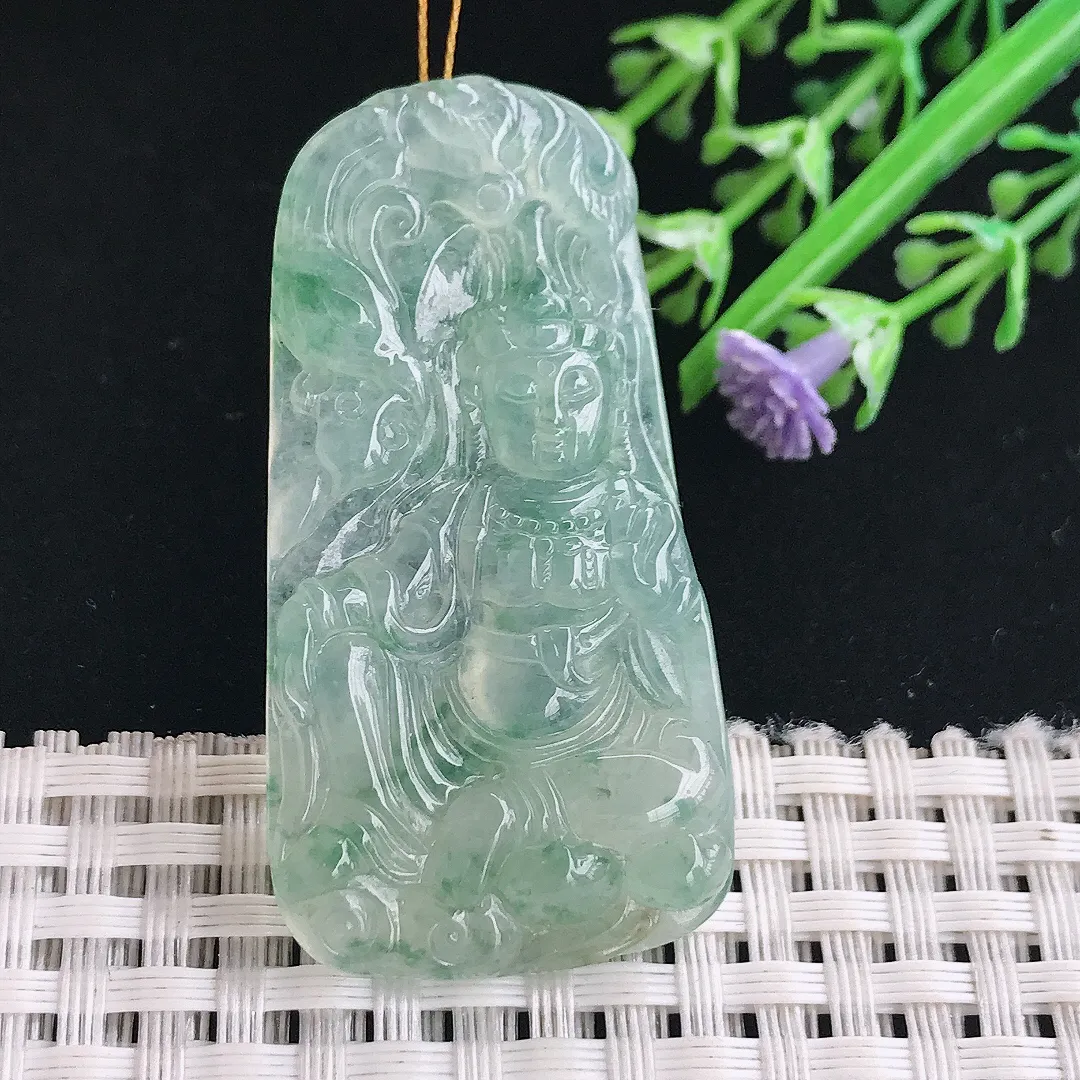 实拍A货翡翠49.2/25.2/6.2老坑冰胶果冻冰飘花观音菩萨吊坠翡翠挂件