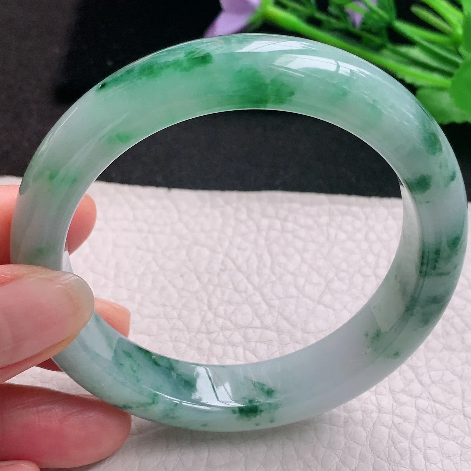 hh实拍57.5*13.8*8.8平安镯 天然缅甸翡翠A货玉手镯冰飘花宽边玉手环