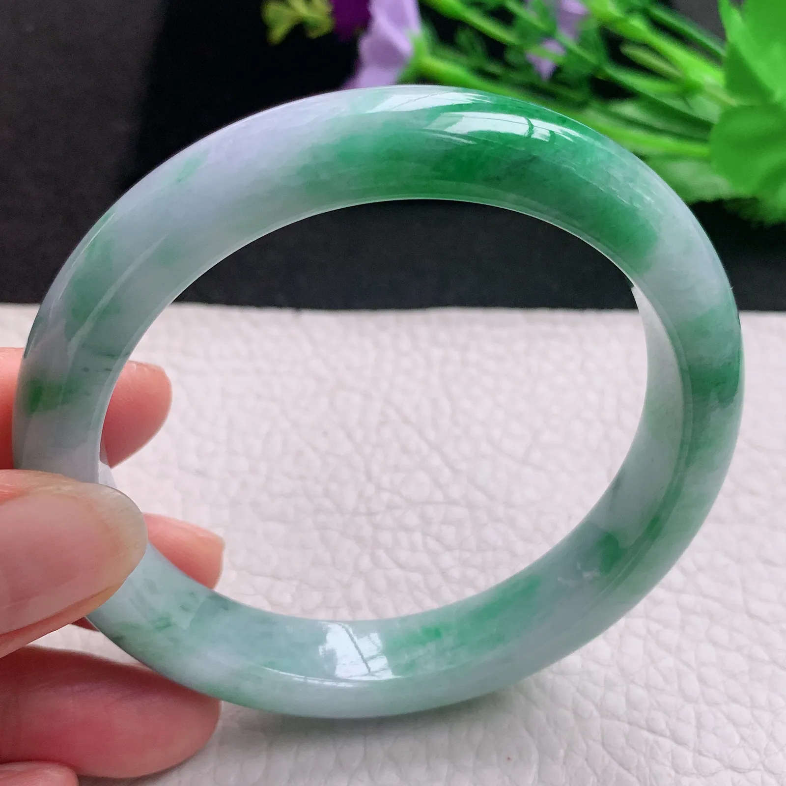 hh大圈口60*12.2*8.5平安镯 天然缅甸翡翠A货玉手镯春带彩宽边玉手环