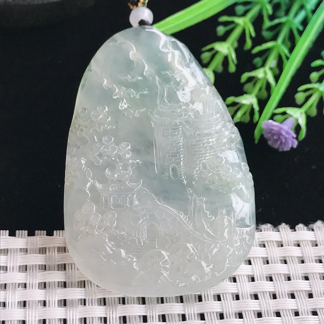 实拍A货翡翠59/41.8/6.6老坑冰透起胶精美山水牌吊坠翡翠挂件