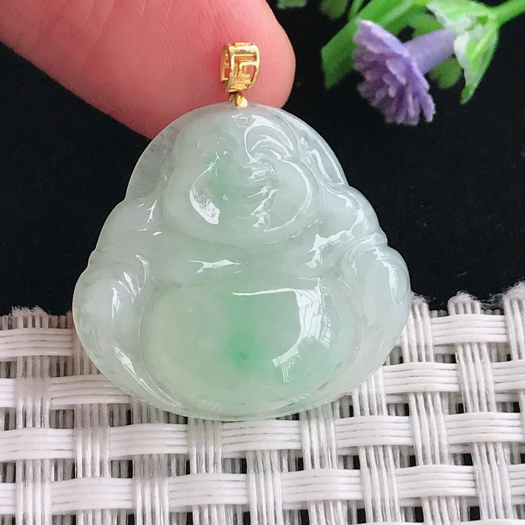 实拍A货翡翠23.6/25/6.5老坑18k金镶嵌冰润飘绿佛公吊坠正装翡翠挂件