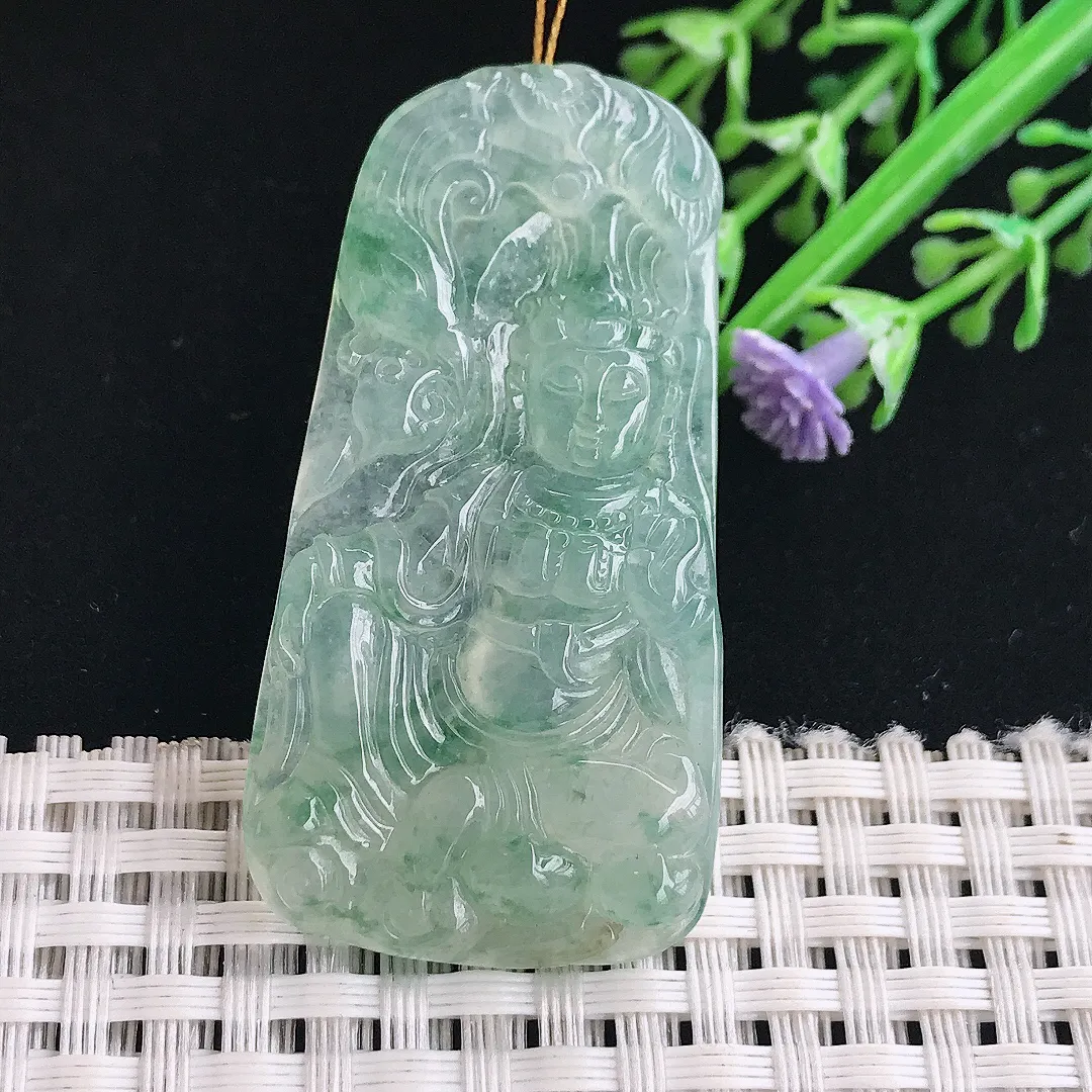 实拍A货翡翠49.2/25.2/6.2老坑冰胶果冻冰飘花观音菩萨吊坠翡翠挂件