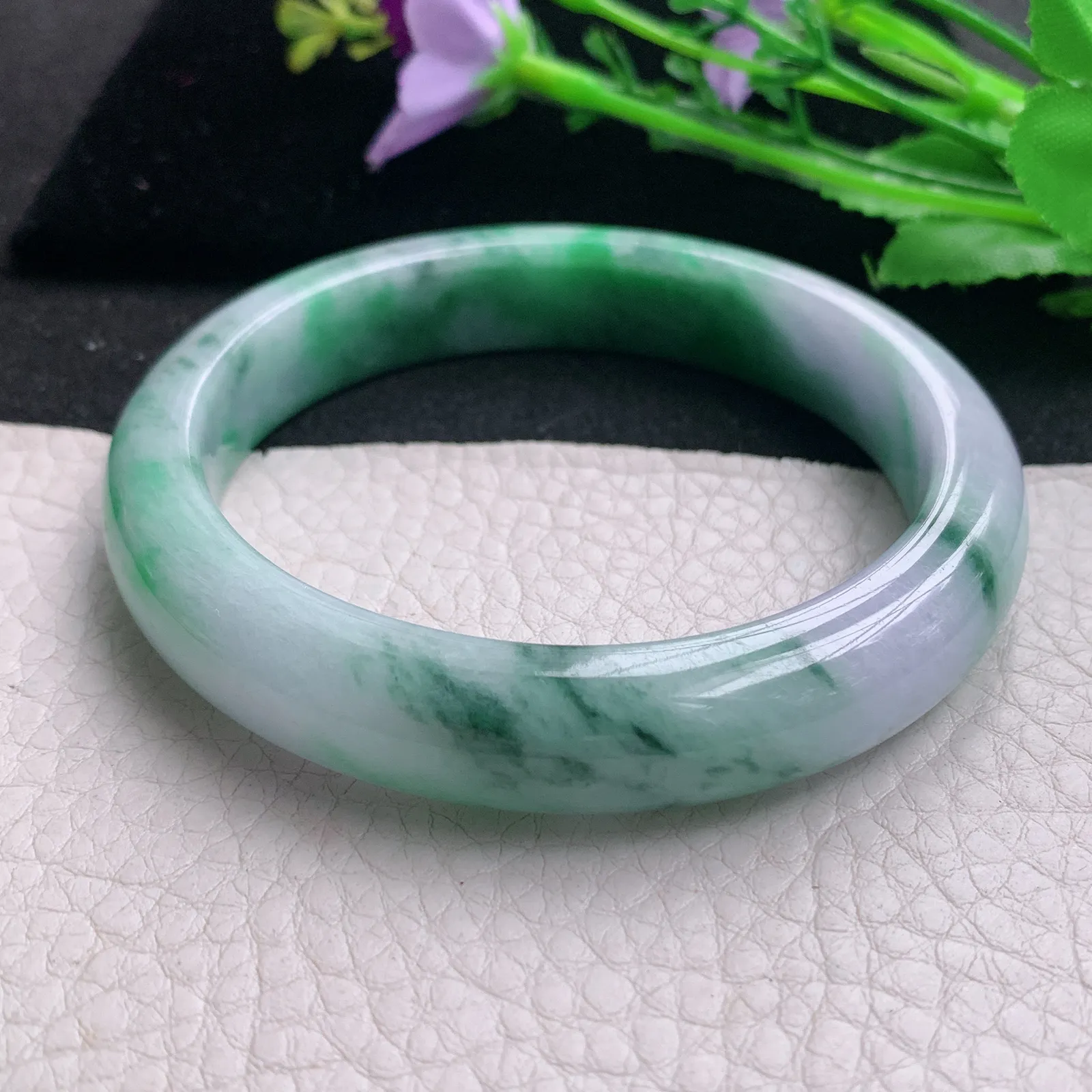 hh大圈口60*12.2*8.5平安镯 天然缅甸翡翠A货玉手镯春带彩宽边玉手环