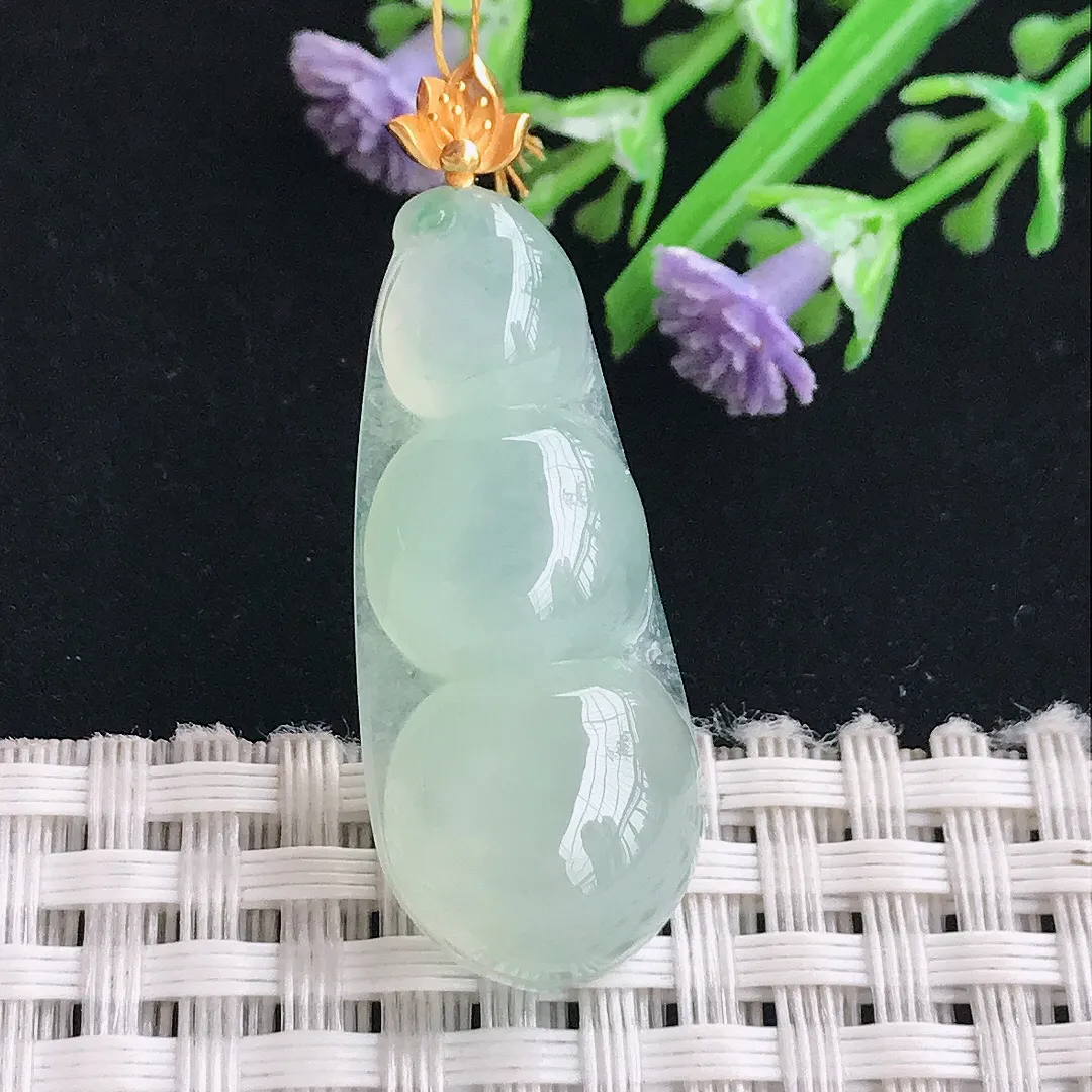 实拍A货翡翠33.3/14.2/7.2老坑18k金镶嵌冰晴四季豆吊坠翡翠福豆挂件