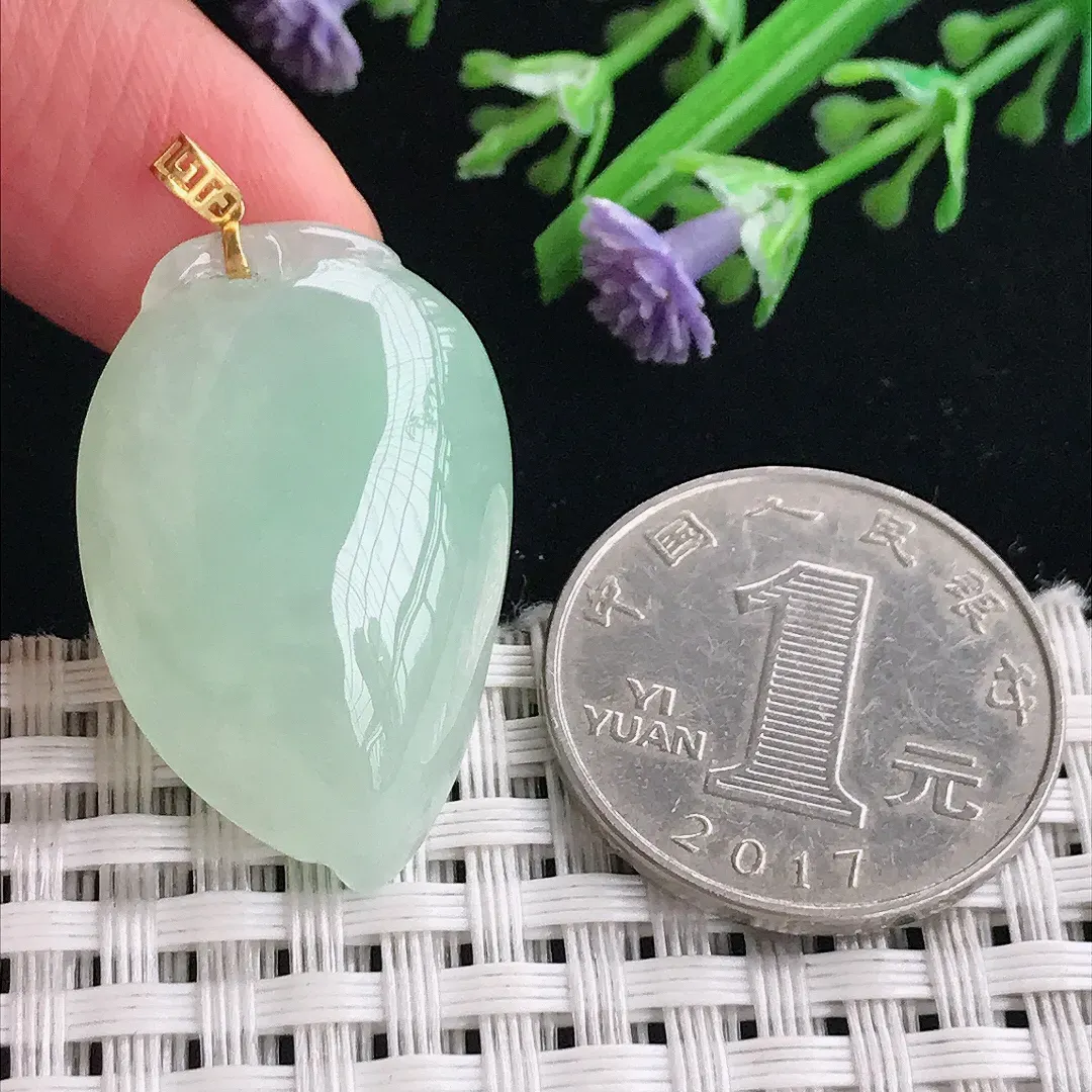 实拍A货翡翠31/19.9/9.7老坑18k金镶嵌冰胶冰晴寿桃吊坠正装翡翠桃子挂件