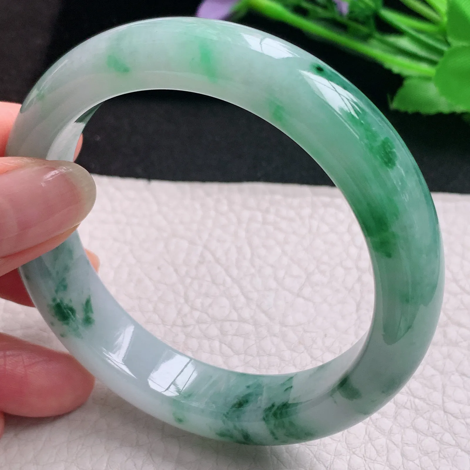 hh实拍57.5*13.8*8.8平安镯 天然缅甸翡翠A货玉手镯冰飘花宽边玉手环