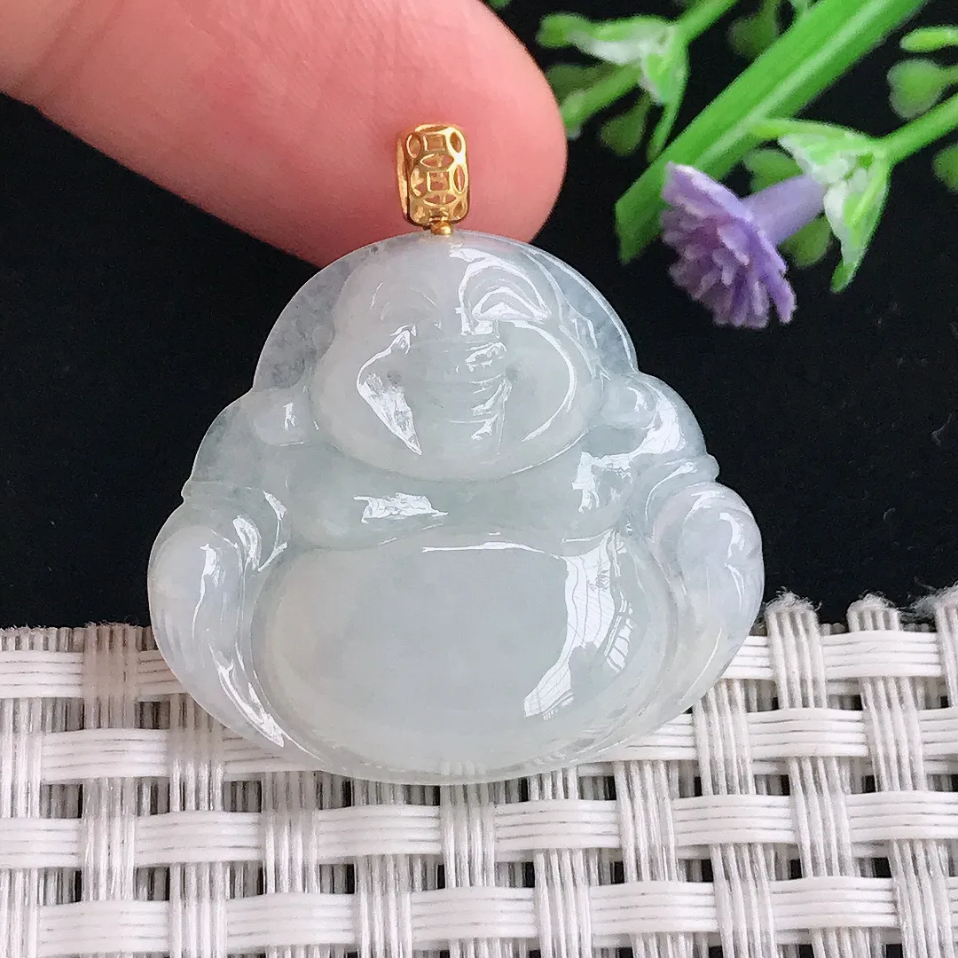 实拍A货翡翠26/29/5.5老坑18k金镶嵌冰润佛公吊坠翡翠玉佛挂件