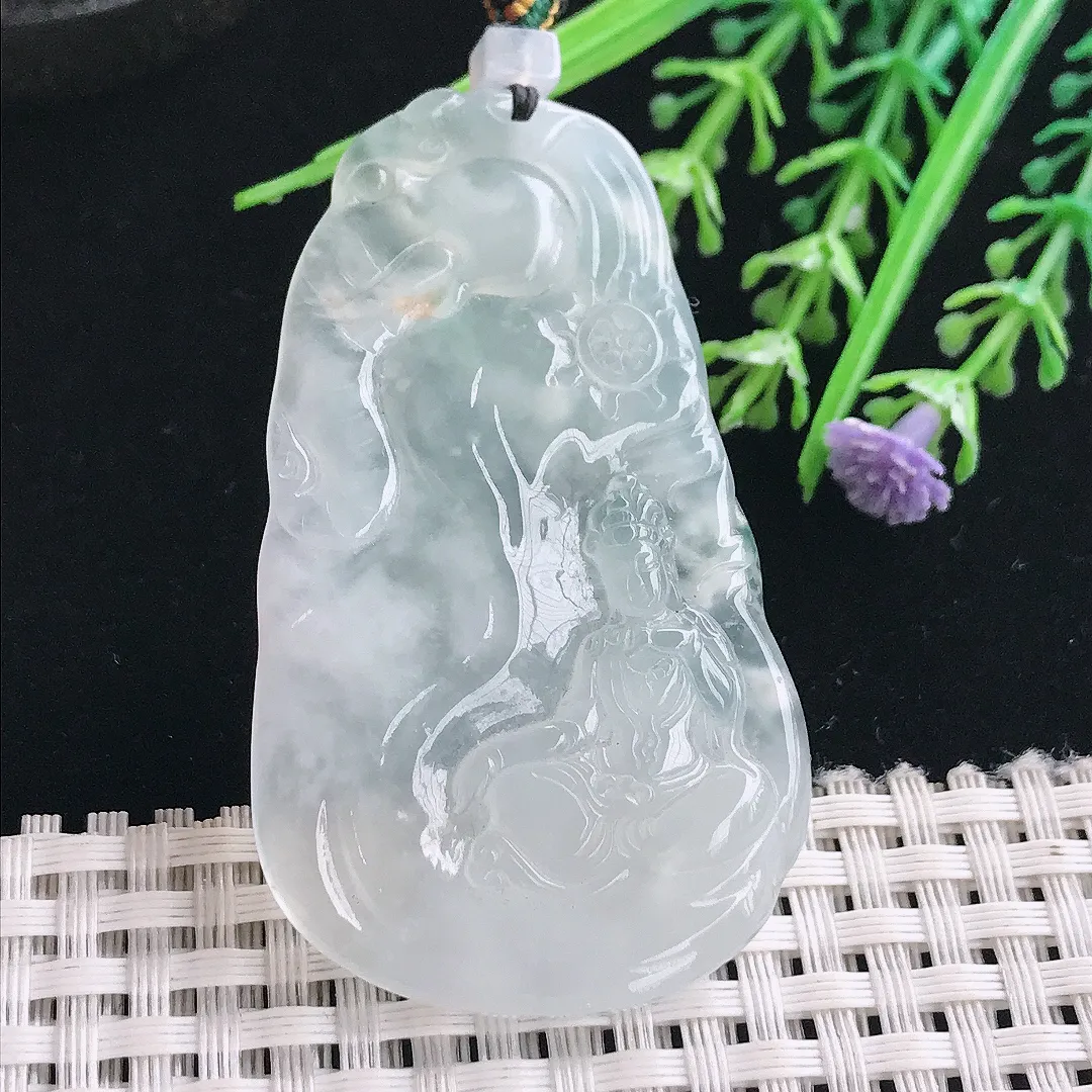 实拍A货翡翠58/34.5/5.7老坑冰种起胶白冰普贤菩萨吊坠翡翠挂件