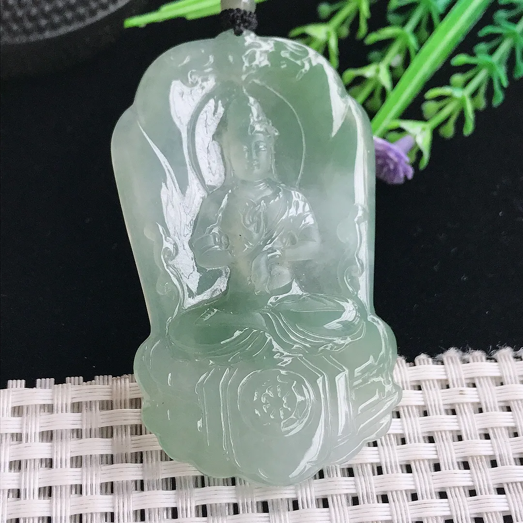 实拍A货翡翠64.5/38.5/5.3老坑冰胶果冻冰晴赐福观音吊坠翡翠挂件