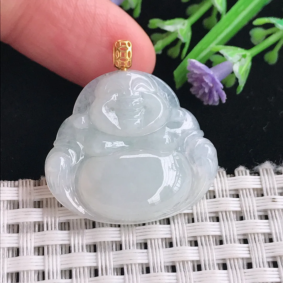 实拍A货翡翠26/29/5.5老坑18k金镶嵌冰润佛公吊坠翡翠玉佛挂件