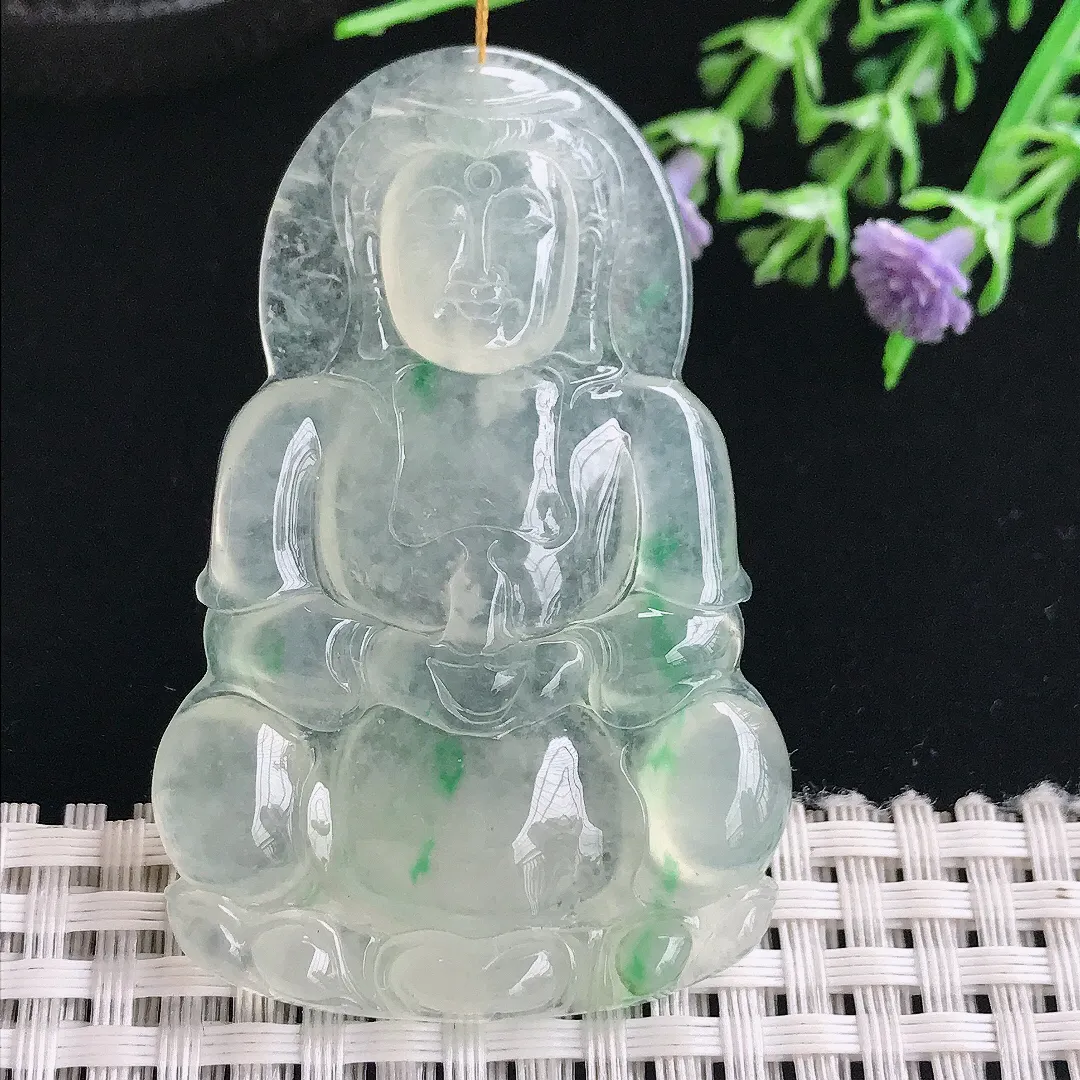 实拍A货翡翠58.3/38/5.3老坑冰种冰晴飘绿观音菩萨吊坠正装观音挂件