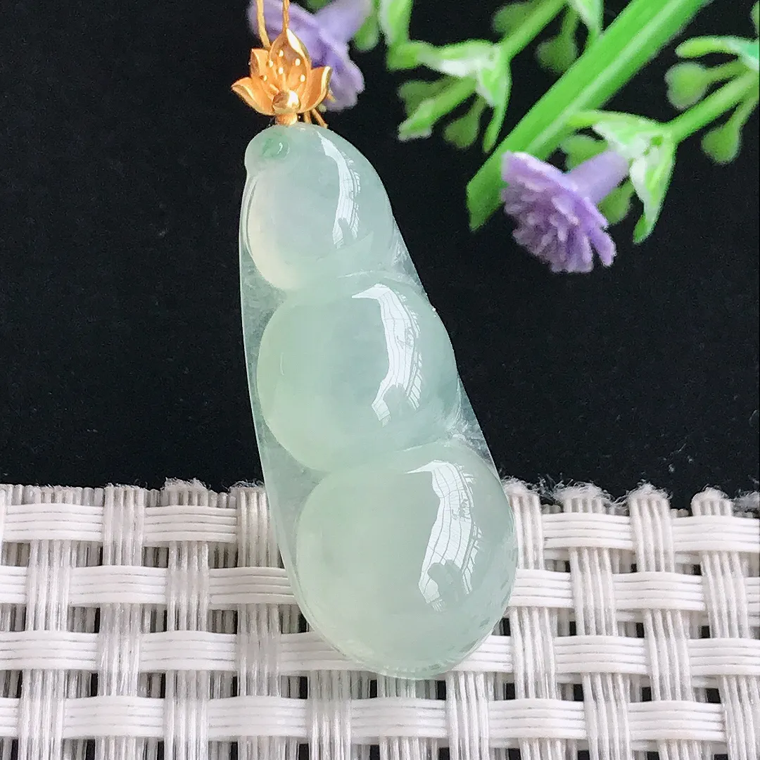 实拍A货翡翠33.3/14.2/7.2老坑18k金镶嵌冰晴四季豆吊坠翡翠福豆挂件