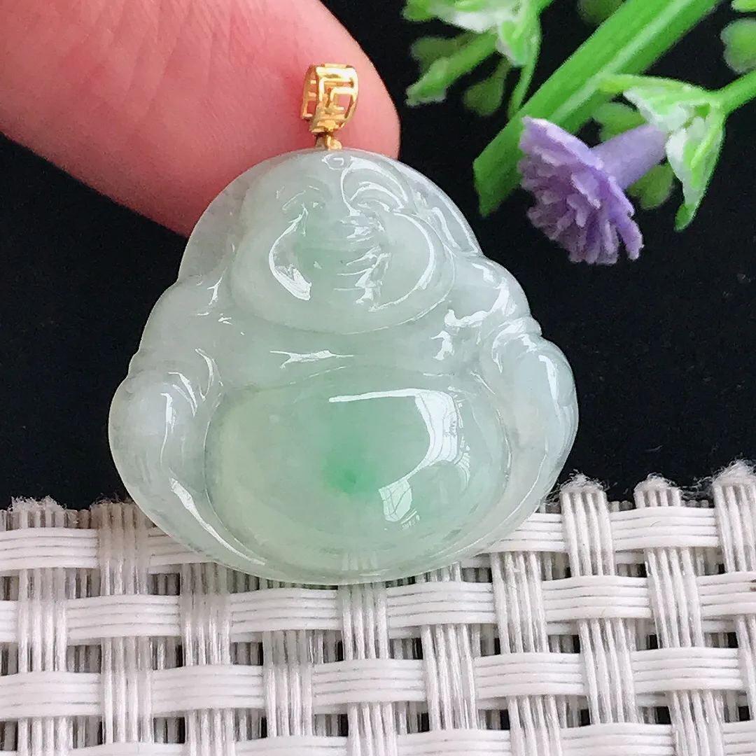 实拍A货翡翠23.6/25/6.5老坑18k金镶嵌冰润飘绿佛公吊坠正装翡翠挂件