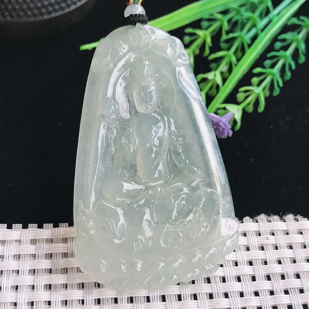实拍A货翡翠67.5/43.6/5.5老坑冰胶水灵冰晴普贤菩萨吊坠翡翠挂件