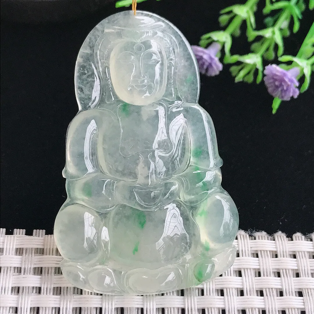 实拍A货翡翠58.3/38/5.3老坑冰种冰晴飘绿观音菩萨吊坠正装观音挂件