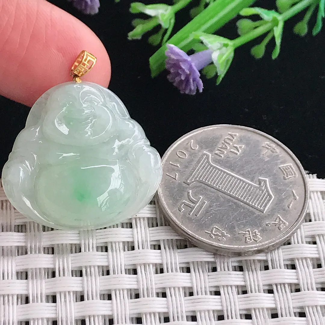 实拍A货翡翠23.6/25/6.5老坑18k金镶嵌冰润飘绿佛公吊坠正装翡翠挂件