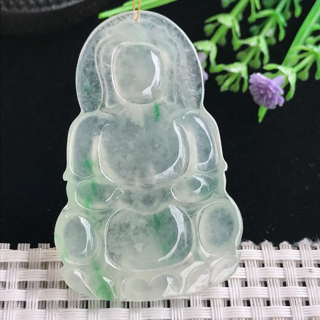 实拍A货翡翠58.3/38/5.3老坑冰种冰晴飘绿观音菩萨吊坠正装观音挂件
