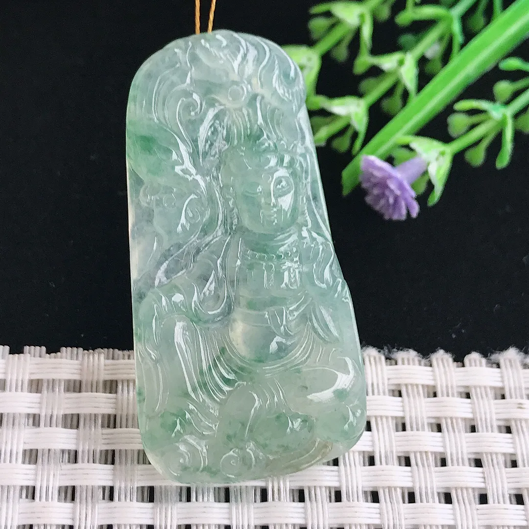 实拍A货翡翠49.2/25.2/6.2老坑冰胶果冻冰飘花观音菩萨吊坠翡翠挂件