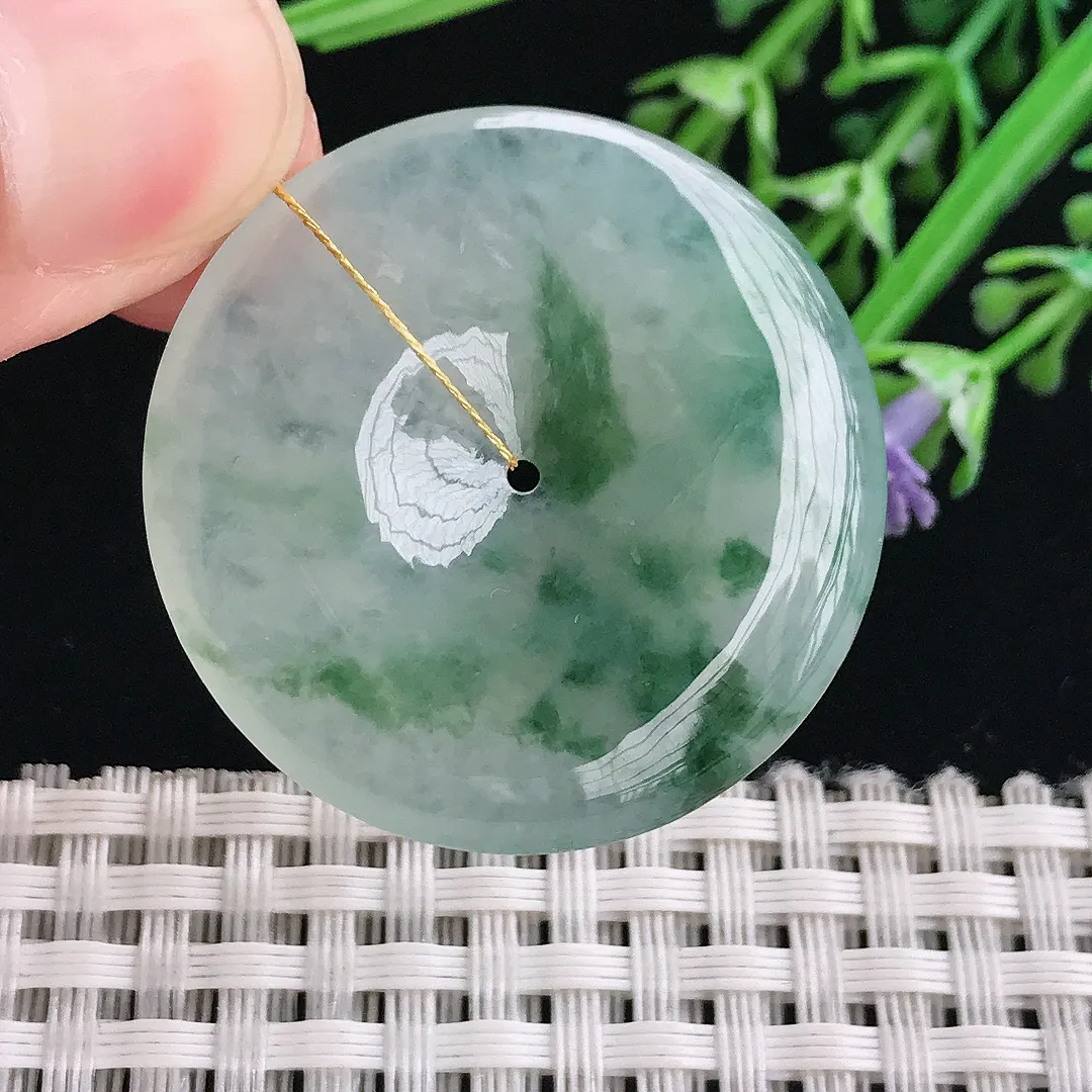 实拍A货翡翠34.8/5.6老坑冰胶果冻冰飘花平安扣吊坠翡翠玉扣挂件