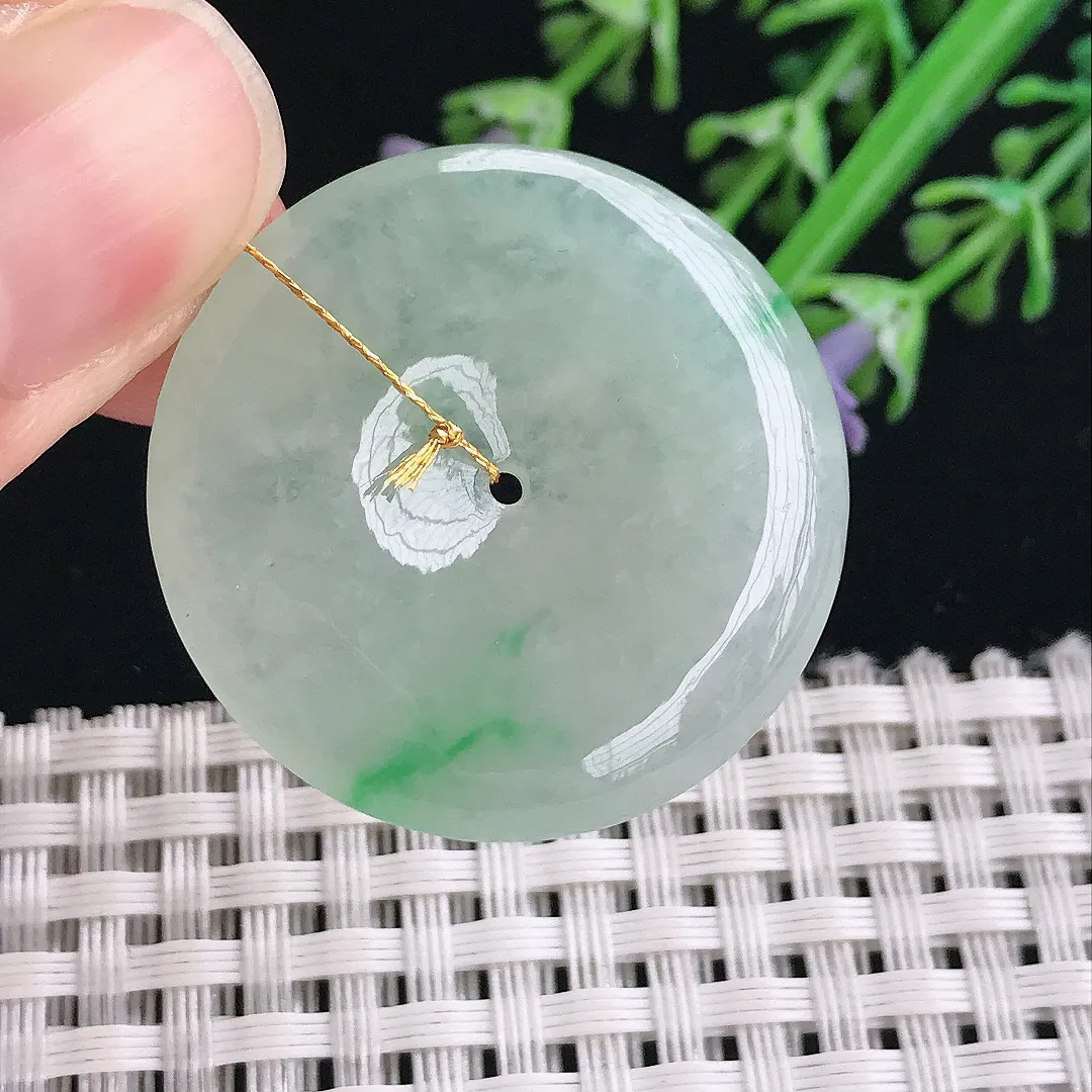 实拍A货翡翠31.8/6老坑冰胶果冻飘绿平安扣吊坠翡翠挂件