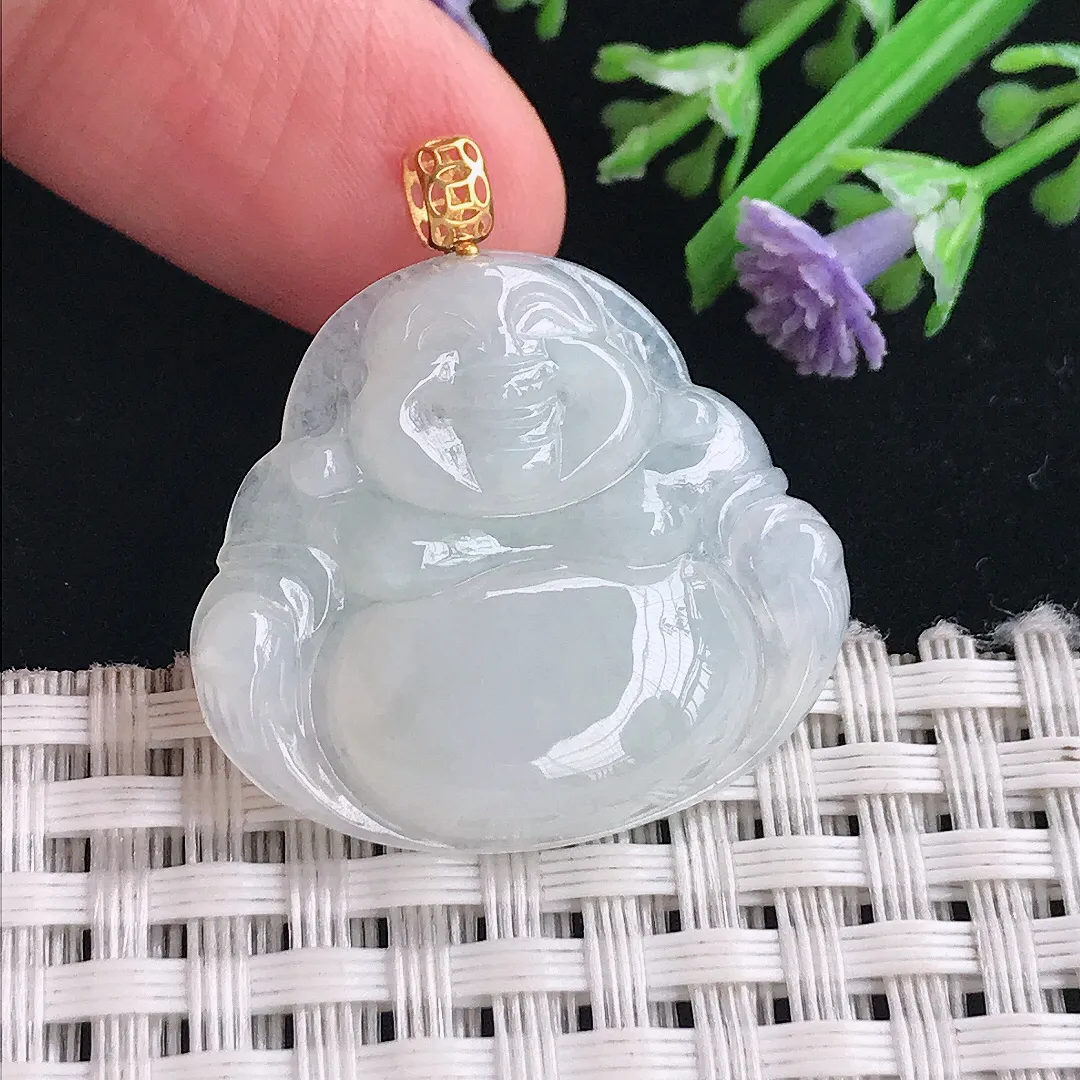 实拍A货翡翠26/29/5.5老坑18k金镶嵌冰润佛公吊坠翡翠玉佛挂件