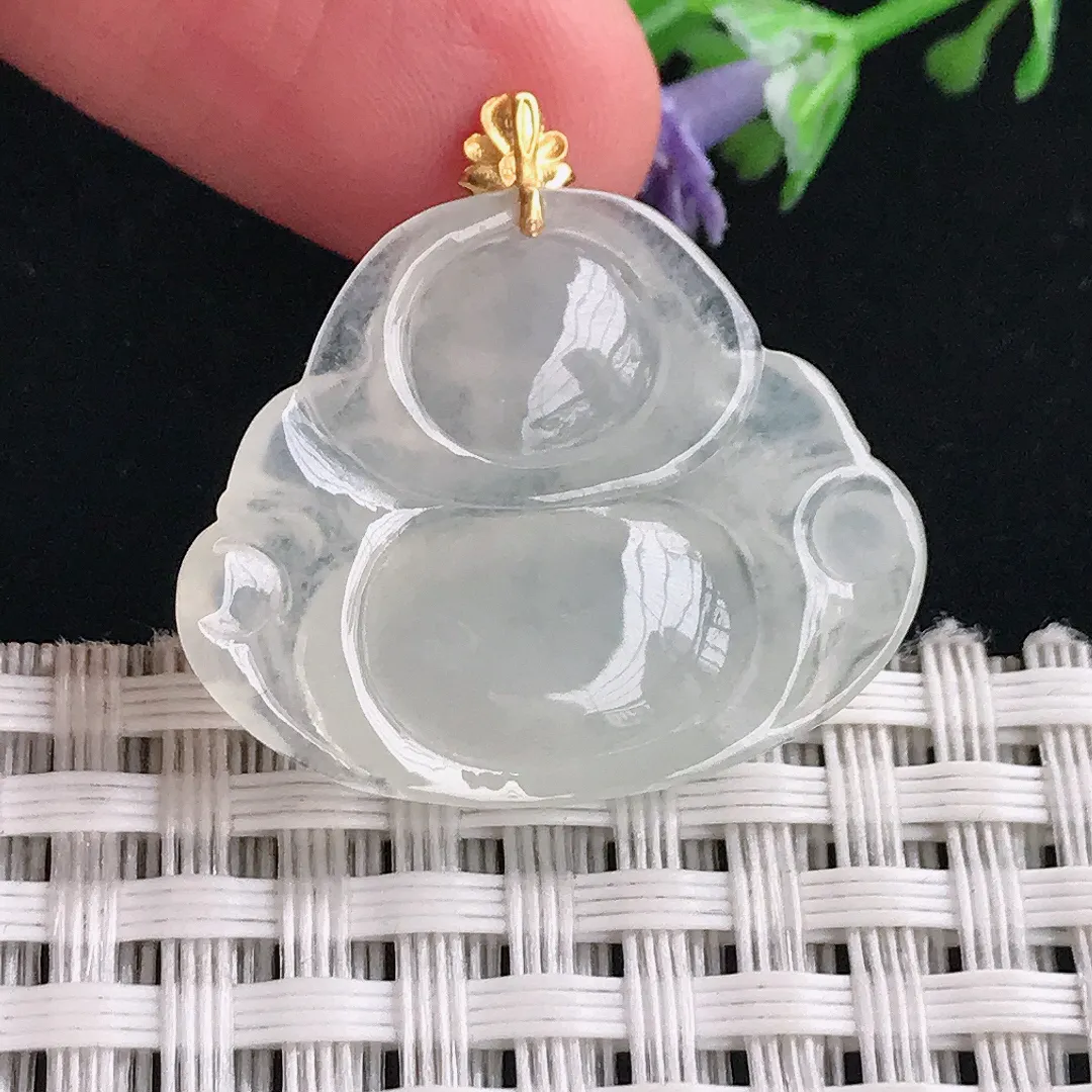 实拍A货翡翠22.5/27.7/5.3老坑18k金镶嵌冰透佛公吊坠翡翠玉佛挂件