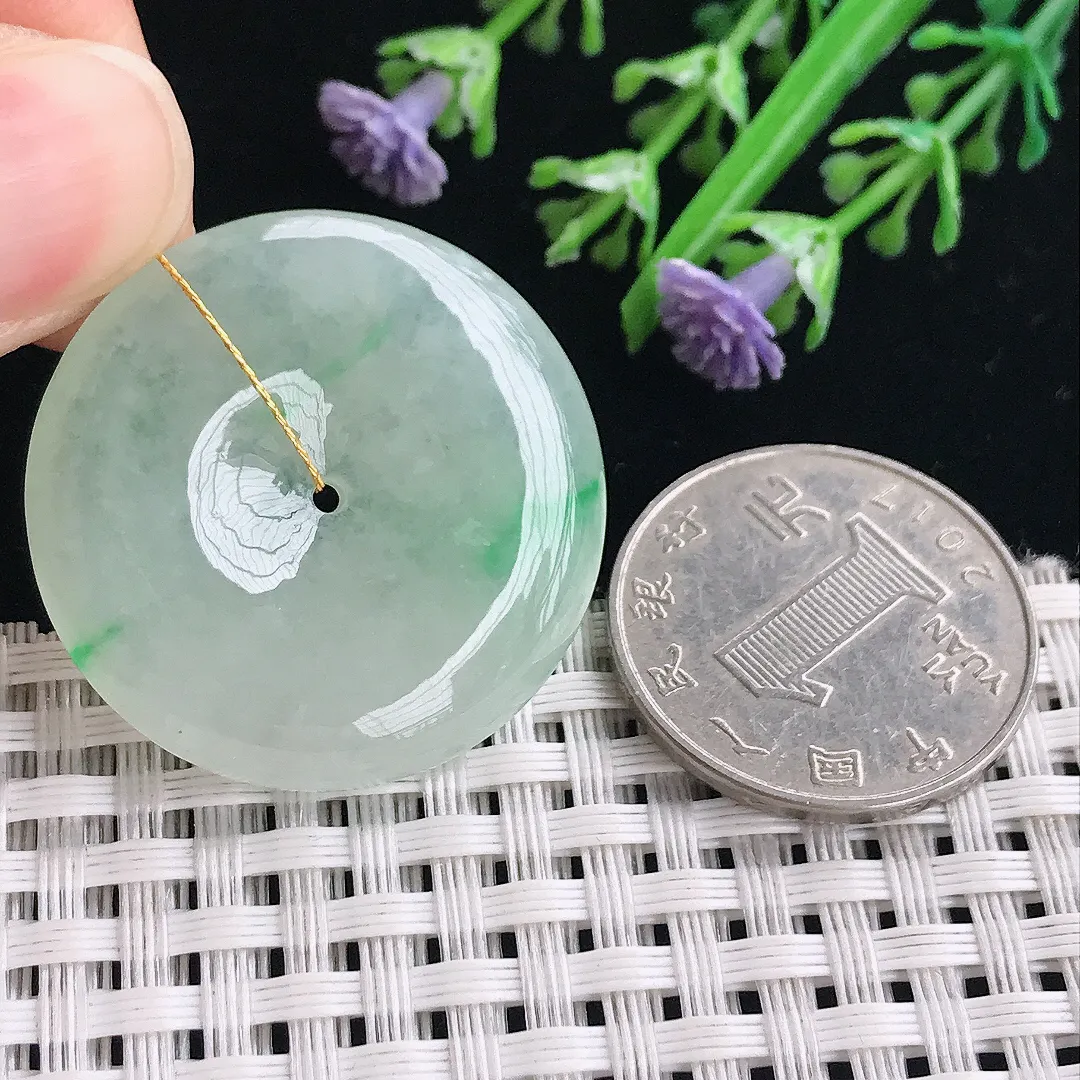 实拍A货翡翠31.8/6老坑冰胶果冻飘绿平安扣吊坠翡翠挂件