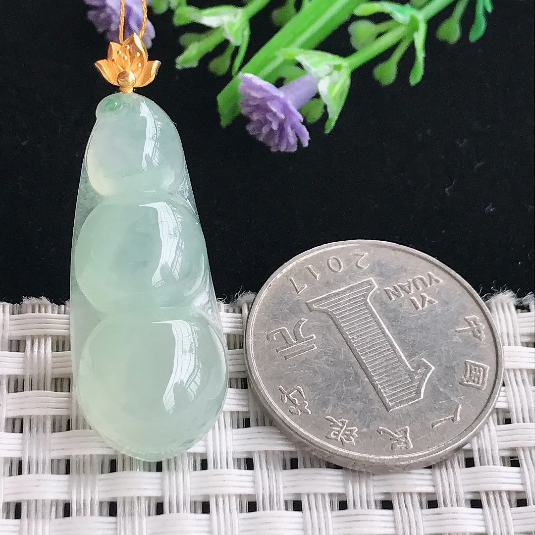 实拍A货翡翠33.3/14.2/7.2老坑18k金镶嵌冰晴四季豆吊坠翡翠福豆挂件