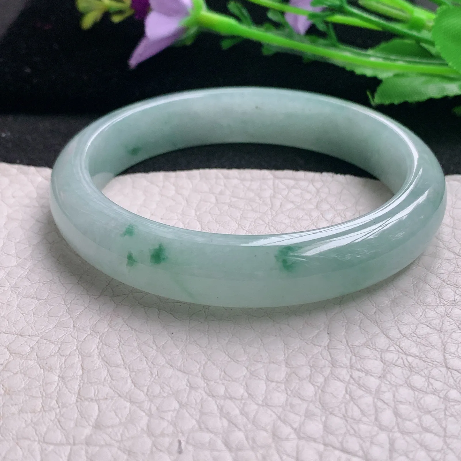 nr实拍57*12*7.6平安镯 天然缅甸翡翠A货玉手镯冰飘花秀气宽边玉手环