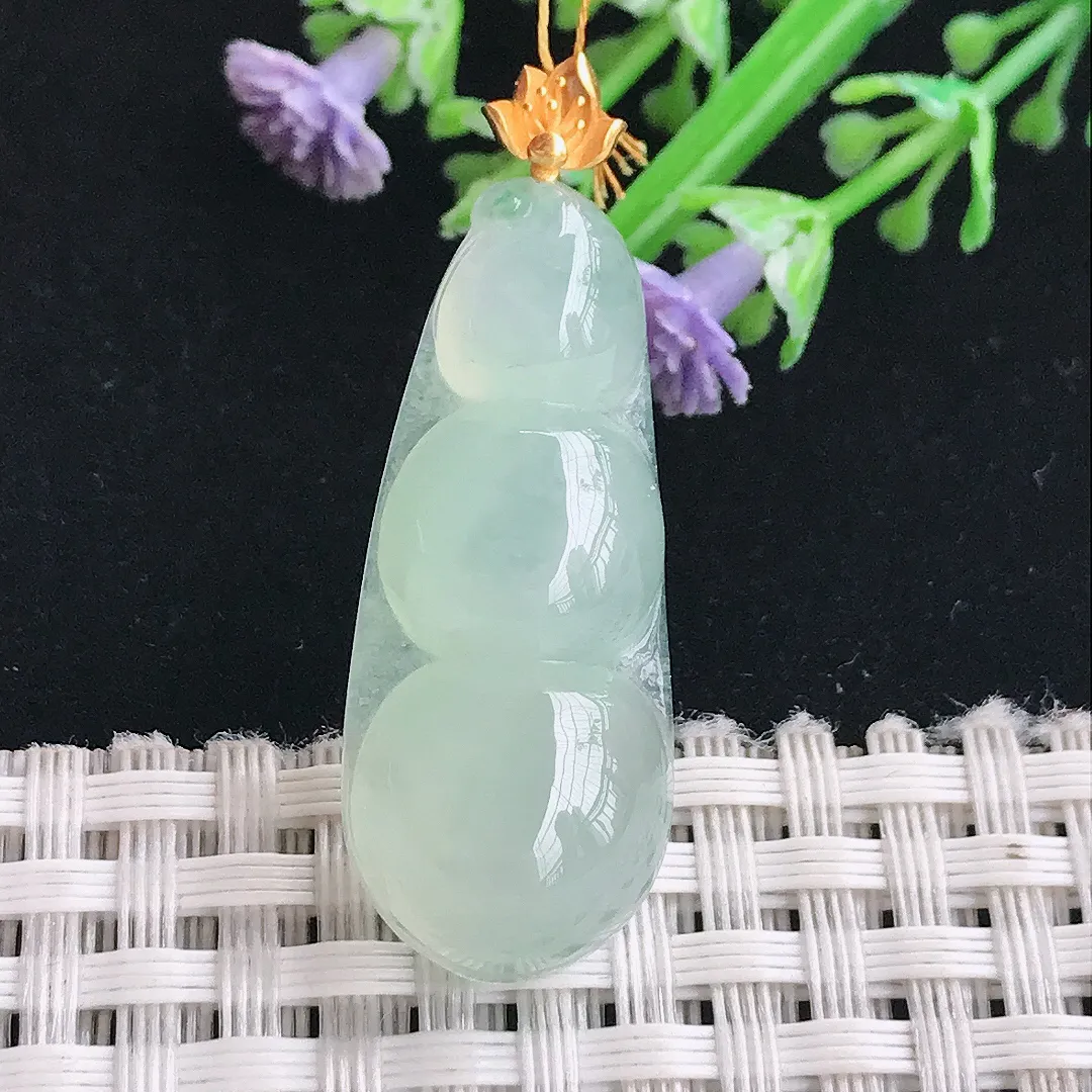 实拍A货翡翠33.3/14.2/7.2老坑18k金镶嵌冰晴四季豆吊坠翡翠福豆挂件