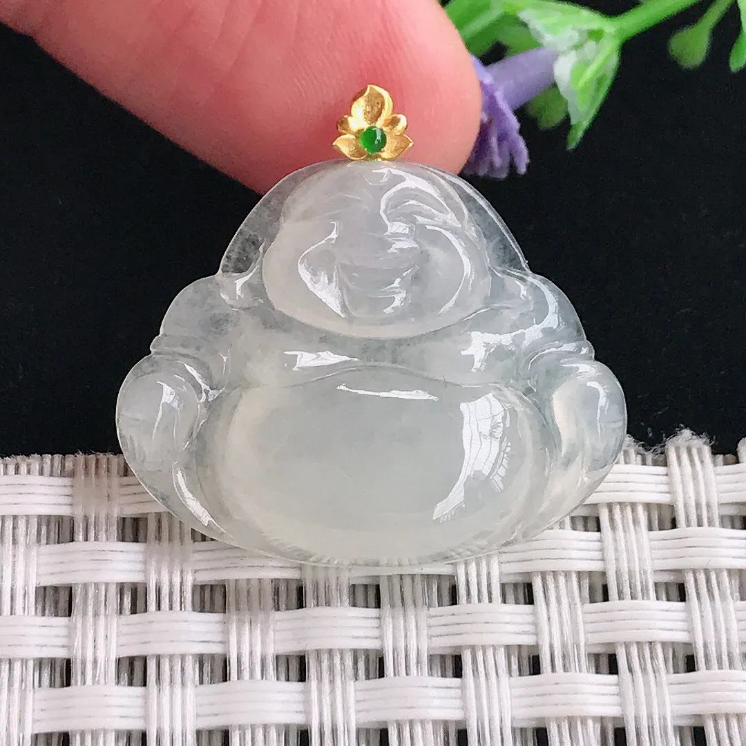 实拍A货翡翠22.5/27.7/5.3老坑18k金镶嵌冰透佛公吊坠翡翠玉佛挂件