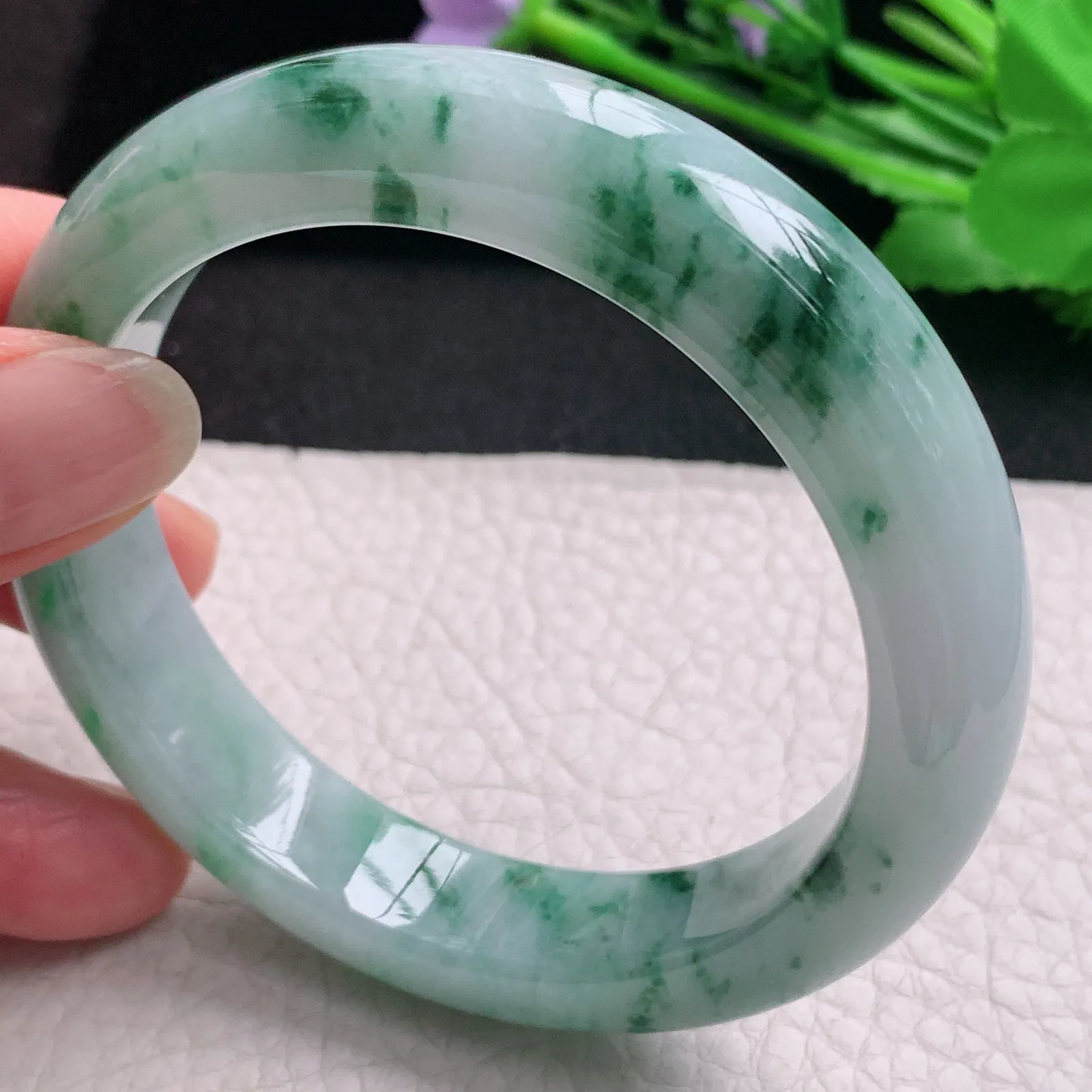 hh实拍57.5*13.8*8.8平安镯 天然缅甸翡翠A货玉手镯冰飘花宽边玉手环