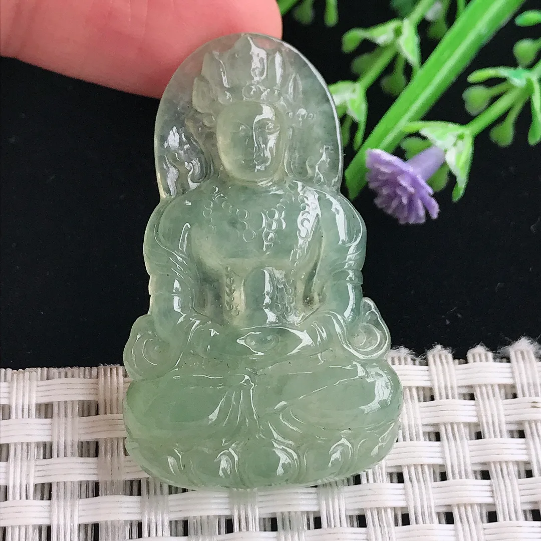 实拍A货翡翠43.5/26.5/5.2老坑冰胶满绿渡母菩萨吊坠翡翠挂件
