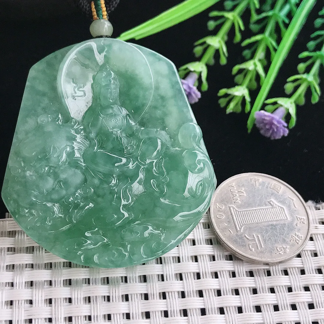 实拍A货翡翠51.6/48.8/6.6老坑冰胶冰晴满绿文殊菩萨吊坠翡翠挂件