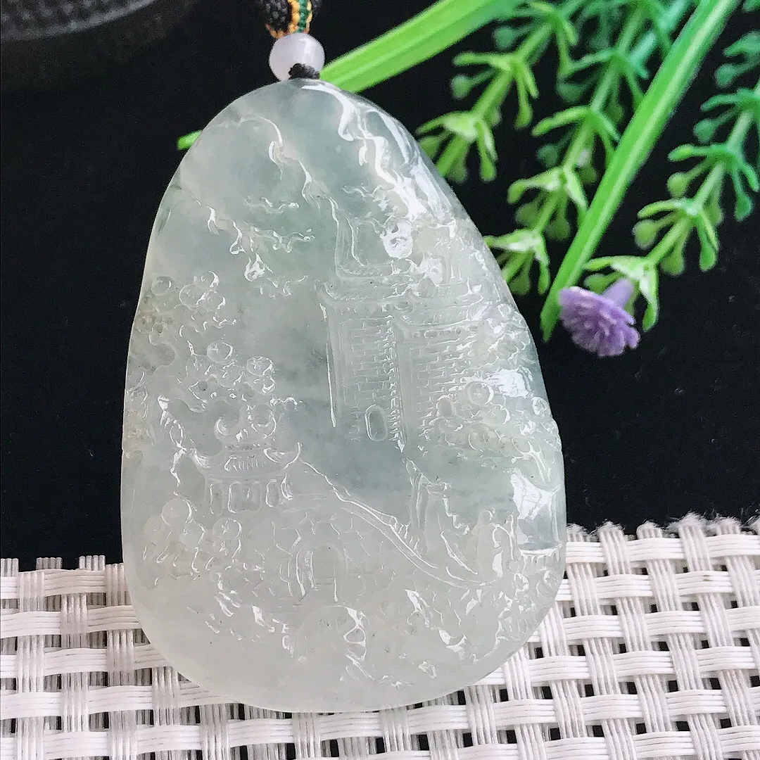 实拍A货翡翠59/41.8/6.6老坑冰透起胶精美山水牌吊坠翡翠挂件