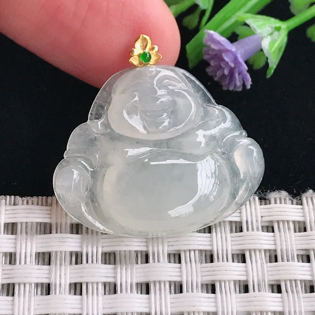 实拍A货翡翠22.5/27.7/5.3老坑18k金镶嵌冰透佛公吊坠翡翠玉佛挂件