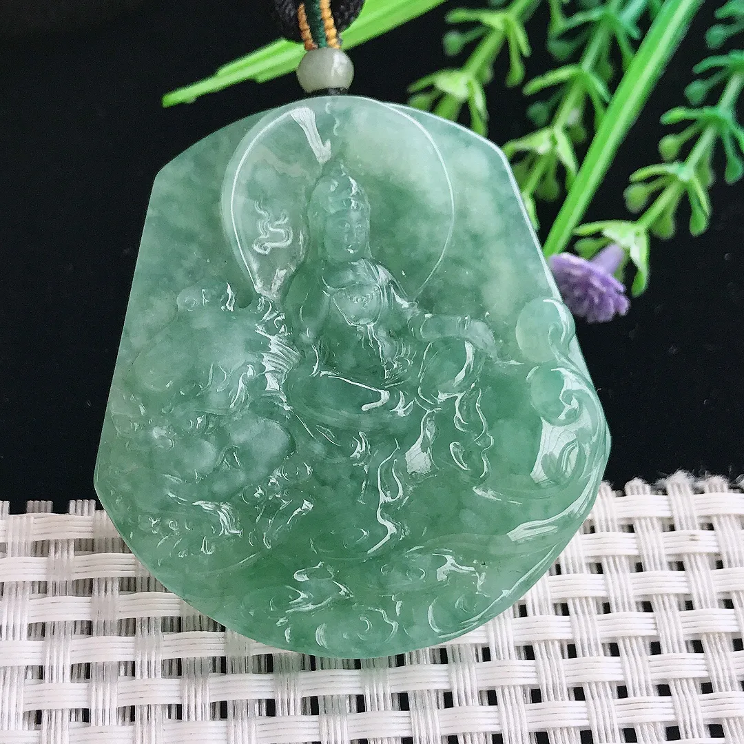 实拍A货翡翠51.6/48.8/6.6老坑冰胶冰晴满绿文殊菩萨吊坠翡翠挂件