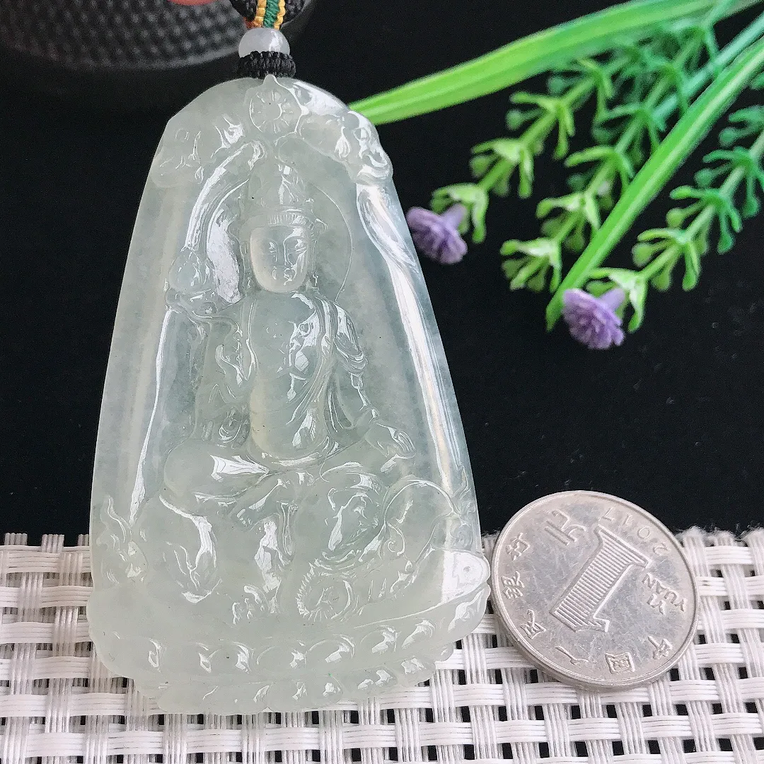 实拍A货翡翠67.5/43.6/5.5老坑冰胶水灵冰晴普贤菩萨吊坠翡翠挂件