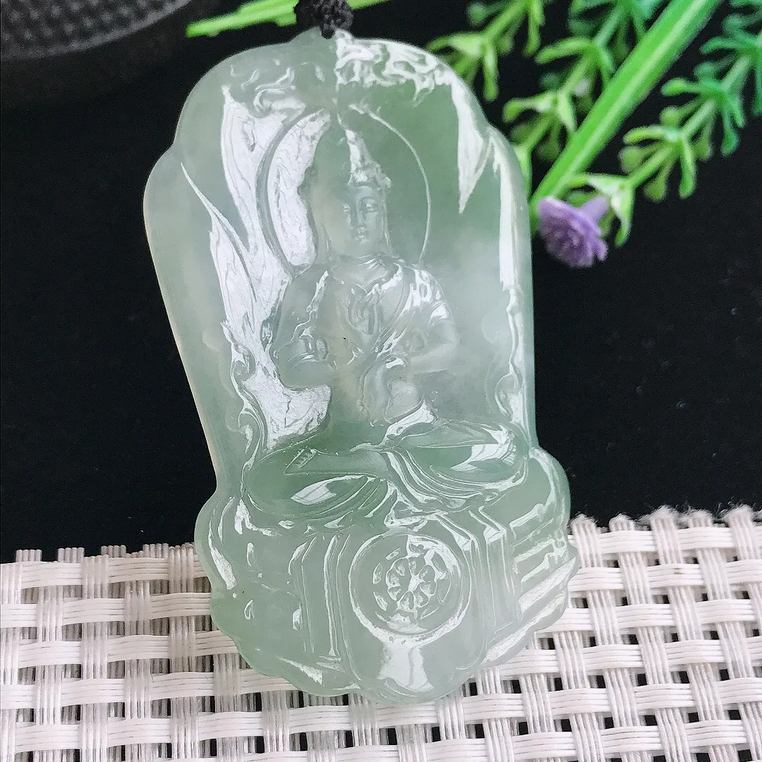 实拍A货翡翠64.5/38.5/5.3老坑冰胶果冻冰晴赐福观音吊坠翡翠挂件