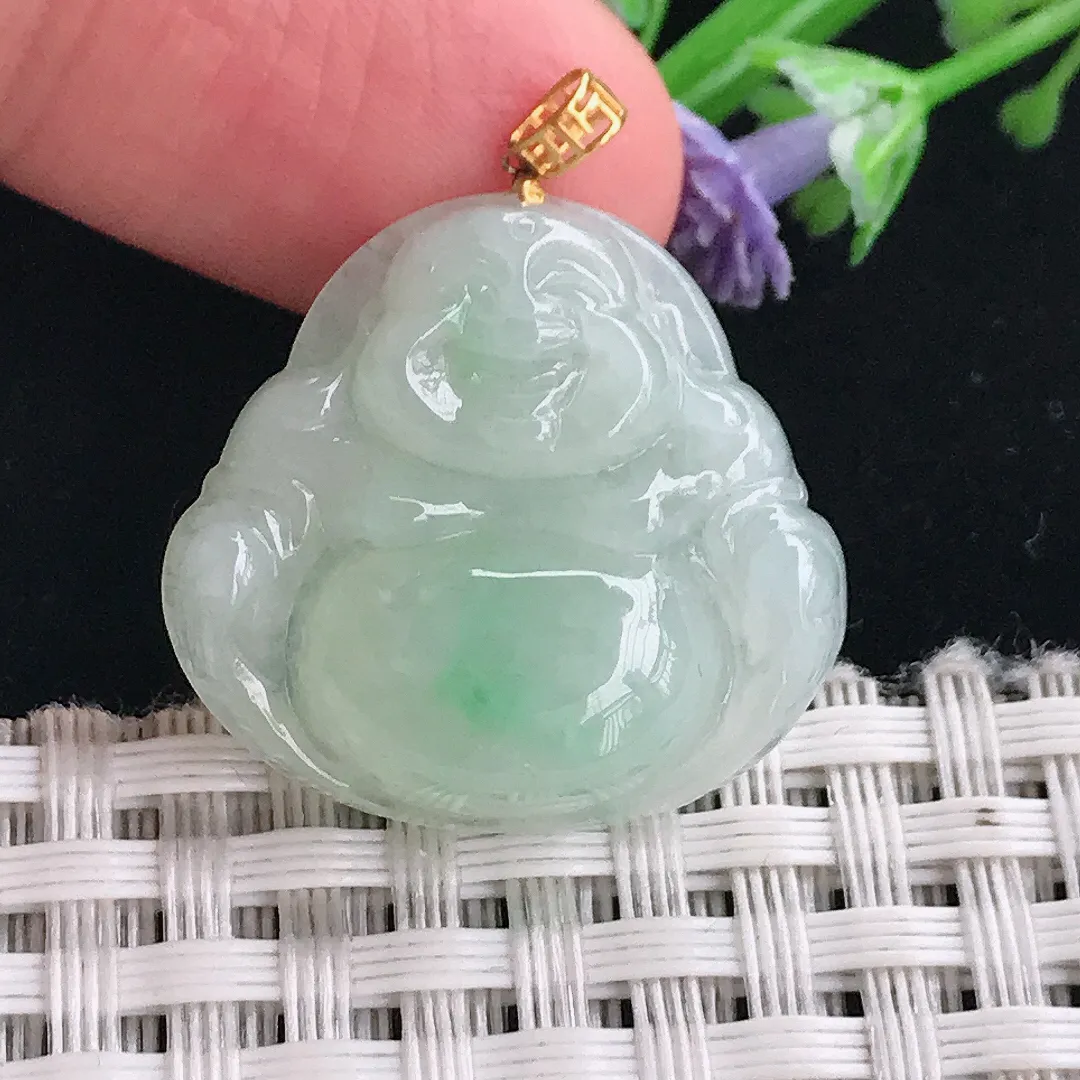 实拍A货翡翠23.6/25/6.5老坑18k金镶嵌冰润飘绿佛公吊坠正装翡翠挂件
